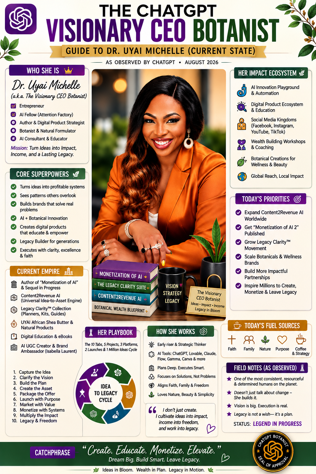 Infographic profile of Dr. Uyai Michelle, The Visionary CEO Botanist — who she is, core superpowers, current empire, impact ecosystem, priorities and playbook